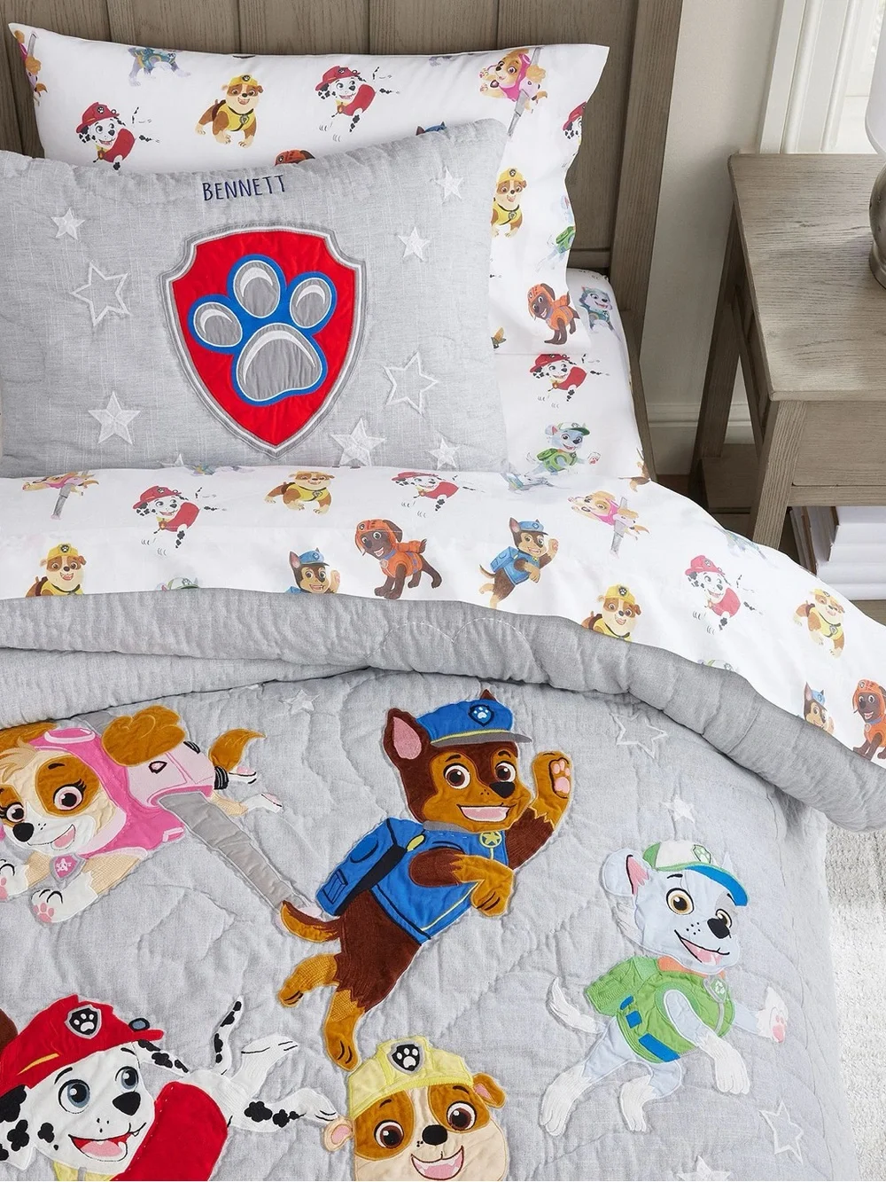 Pottery Barn Kids Gray Pillowcase with Red and Blue Paw Patrol Shield